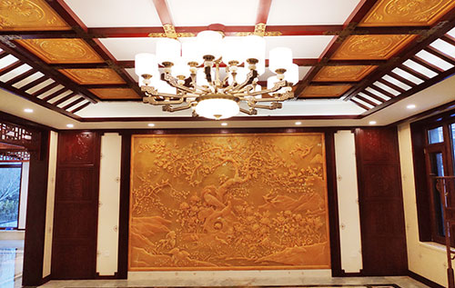 通什镇中式别墅客厅中式木作横梁吊顶装饰展示